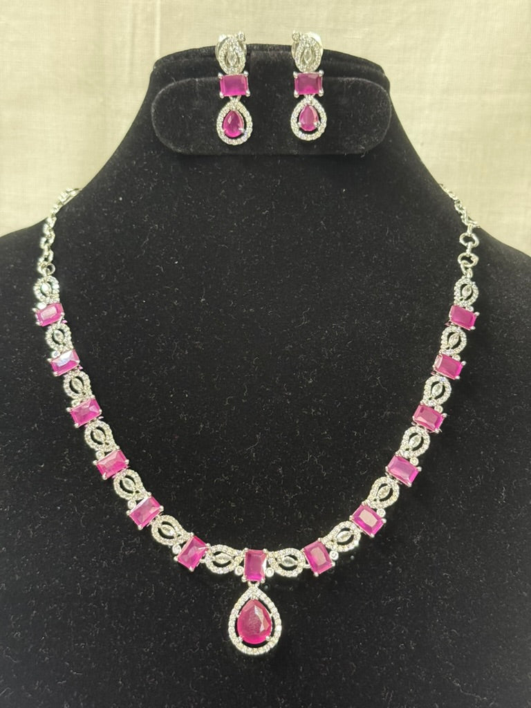Ruby Red American Diamond Necklace Set with Earrings
