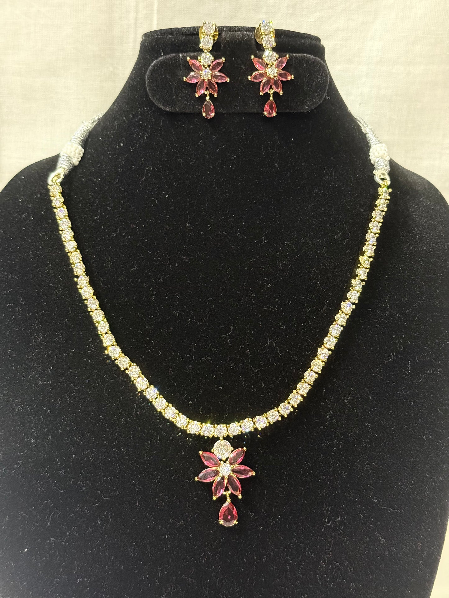 Pink Floral American Diamond Necklace Set with Earrings