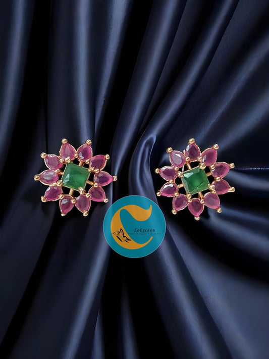 Emerald-Green & Rose Pink Floral Studs