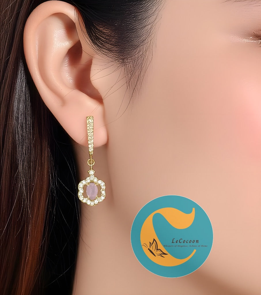 Crown-Style AD Earrings with Rose Quartz Stone