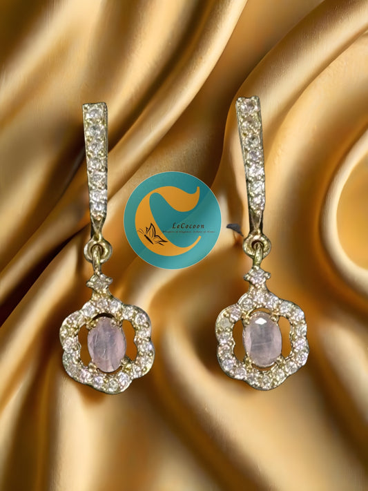 Crown-Style AD Earrings with Rose Quartz Stone
