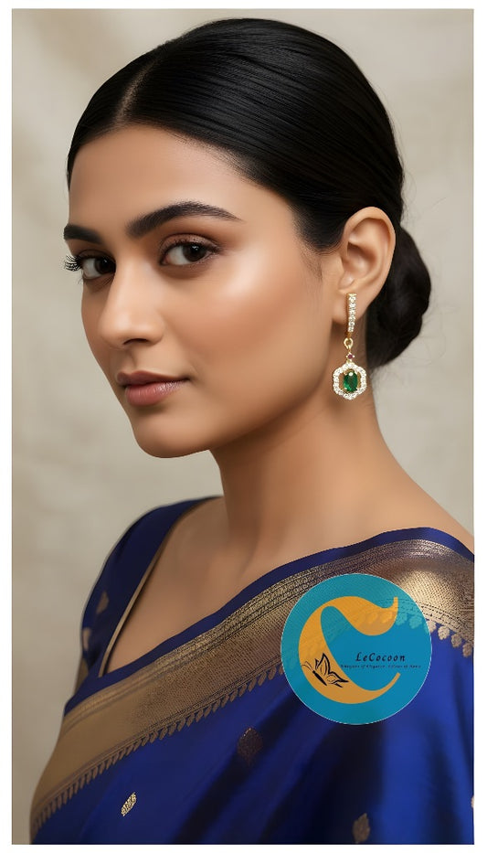 Crown-Style AD Earrings with Green Stone