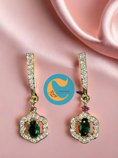 Crown-Style AD Earrings with Green Stone