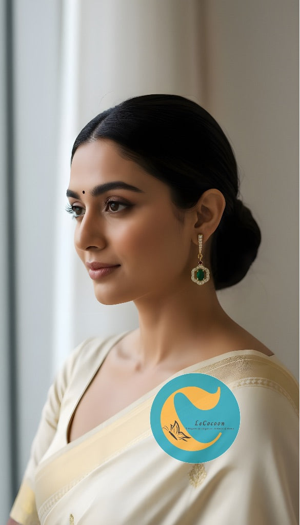 Crown-Style AD Earrings with Green Stone