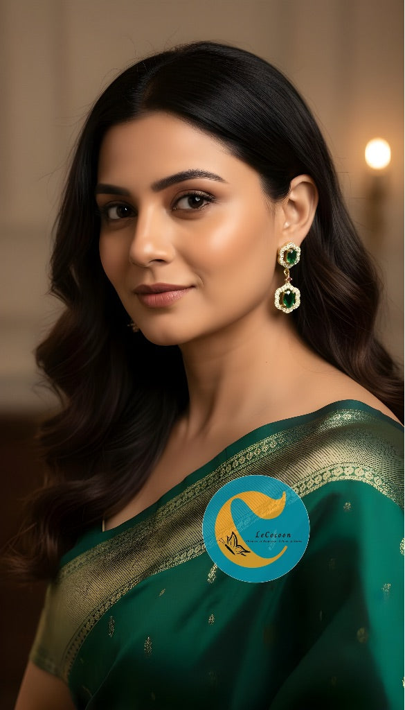 Crown-Style AD Earrings with Green Stone