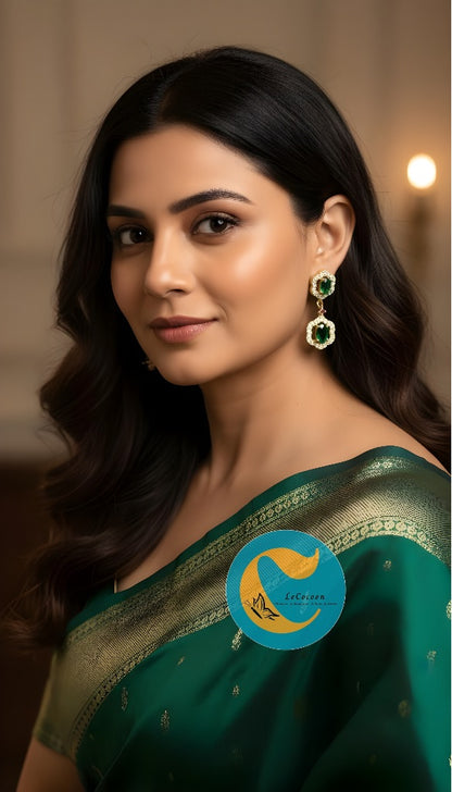 Crown-Style AD Earrings with Green Stone