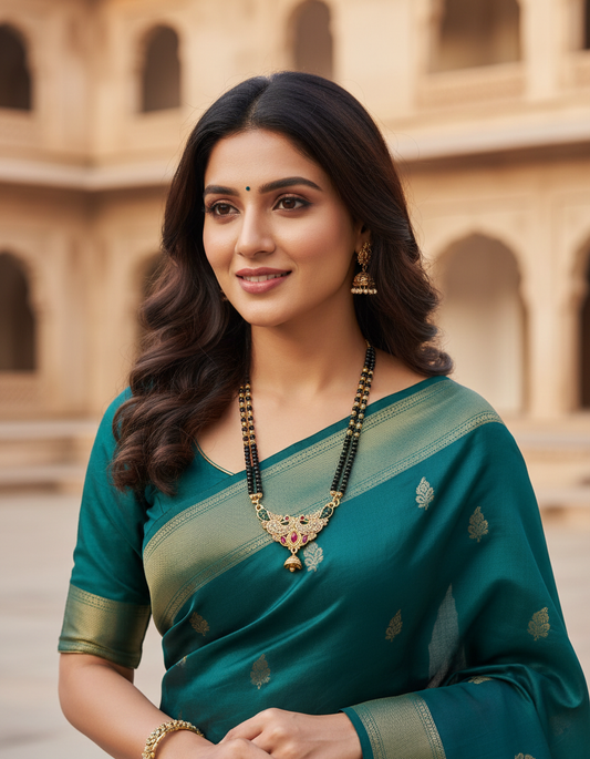 Black Bead Temple Necklace with Ruby Accent Pendant