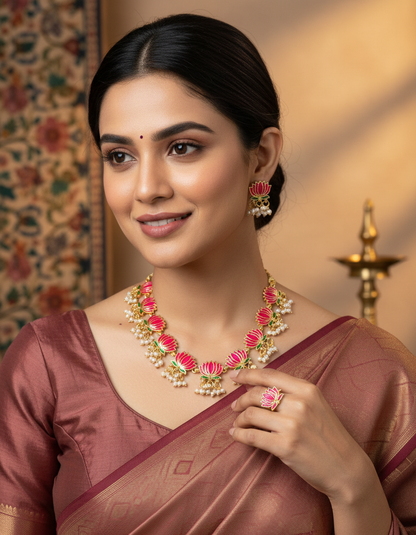 Pink Lotus Pearl Statement Necklace Set