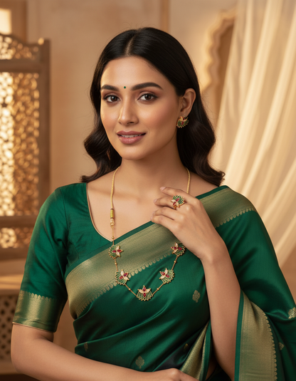 Emerald Lotus Floral Necklace Set with Earrings & Ring