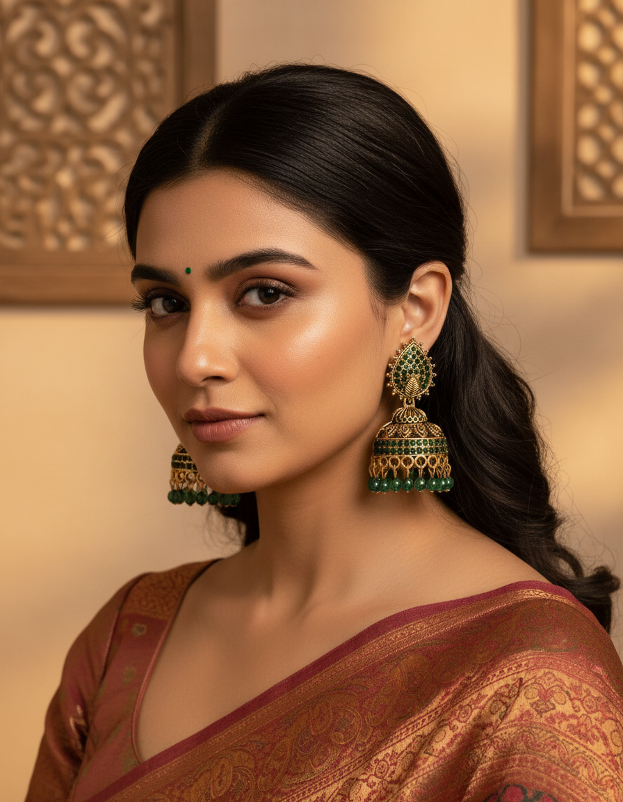 Emerald Bloom Jhumka Earrings