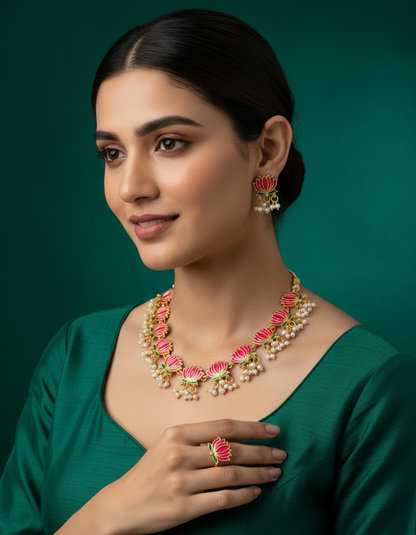 Pink Lotus Pearl Statement Necklace Set