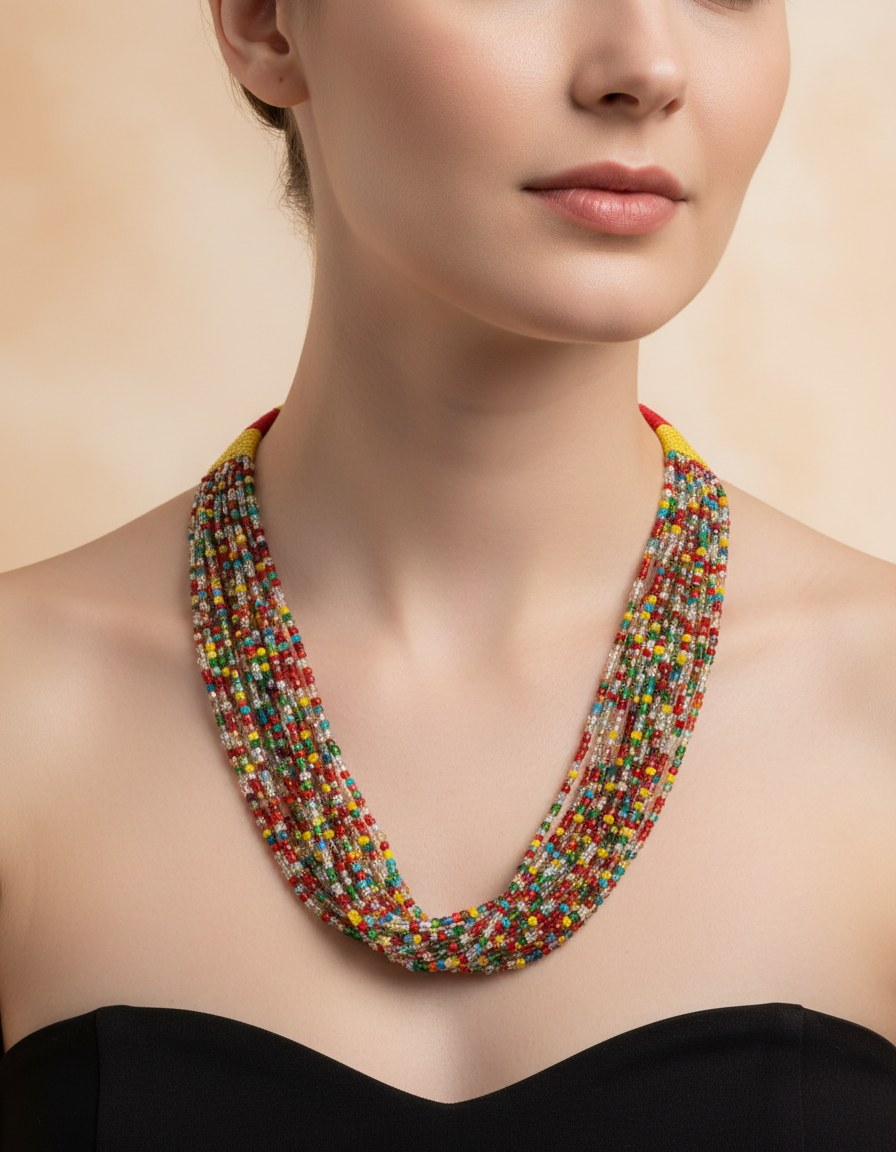 Multicolour Layered Beaded Necklace with Thread Tassel