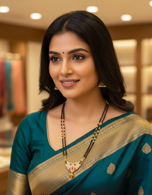 Black Bead Temple Necklace with Ruby Accent Pendant