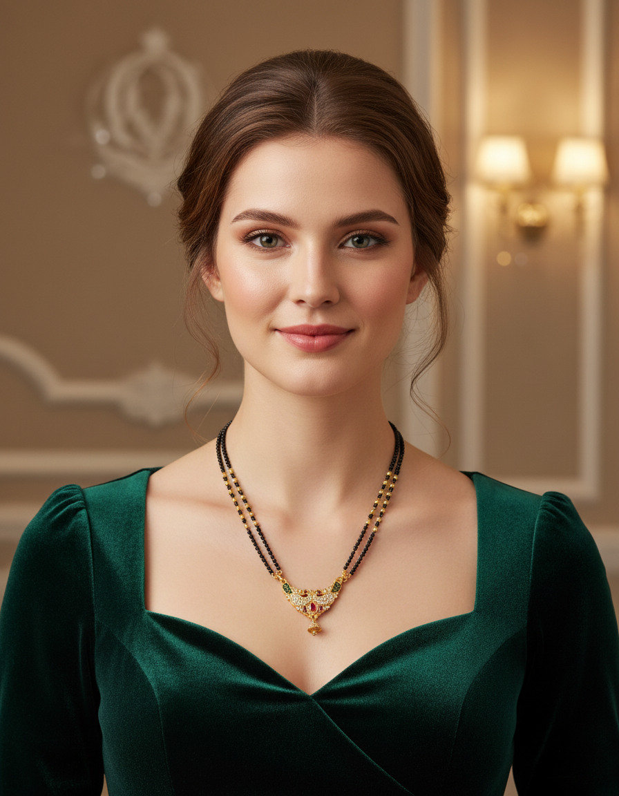 Black Bead Temple Necklace with Ruby Accent Pendant