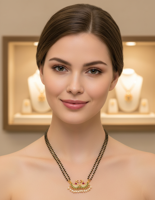 Royal Swan Mangalsutra Necklace – Double Line Black Beads