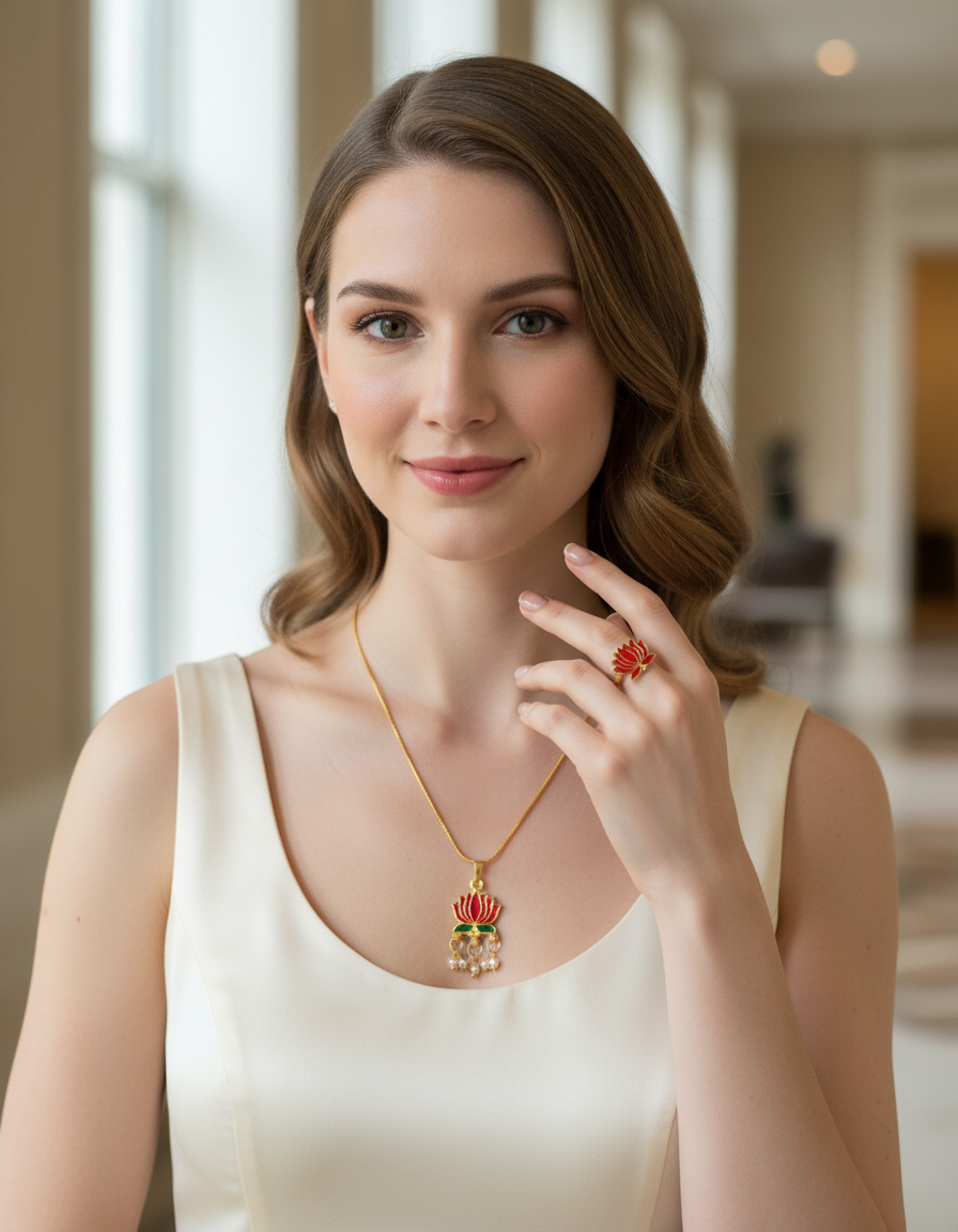 Lotus Enamel Pendant Chain with Pearl Drops & Adjustable Ring