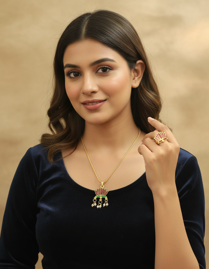 Lotus Enamel Pendant Chain with Pearl Drops & Adjustable Ring