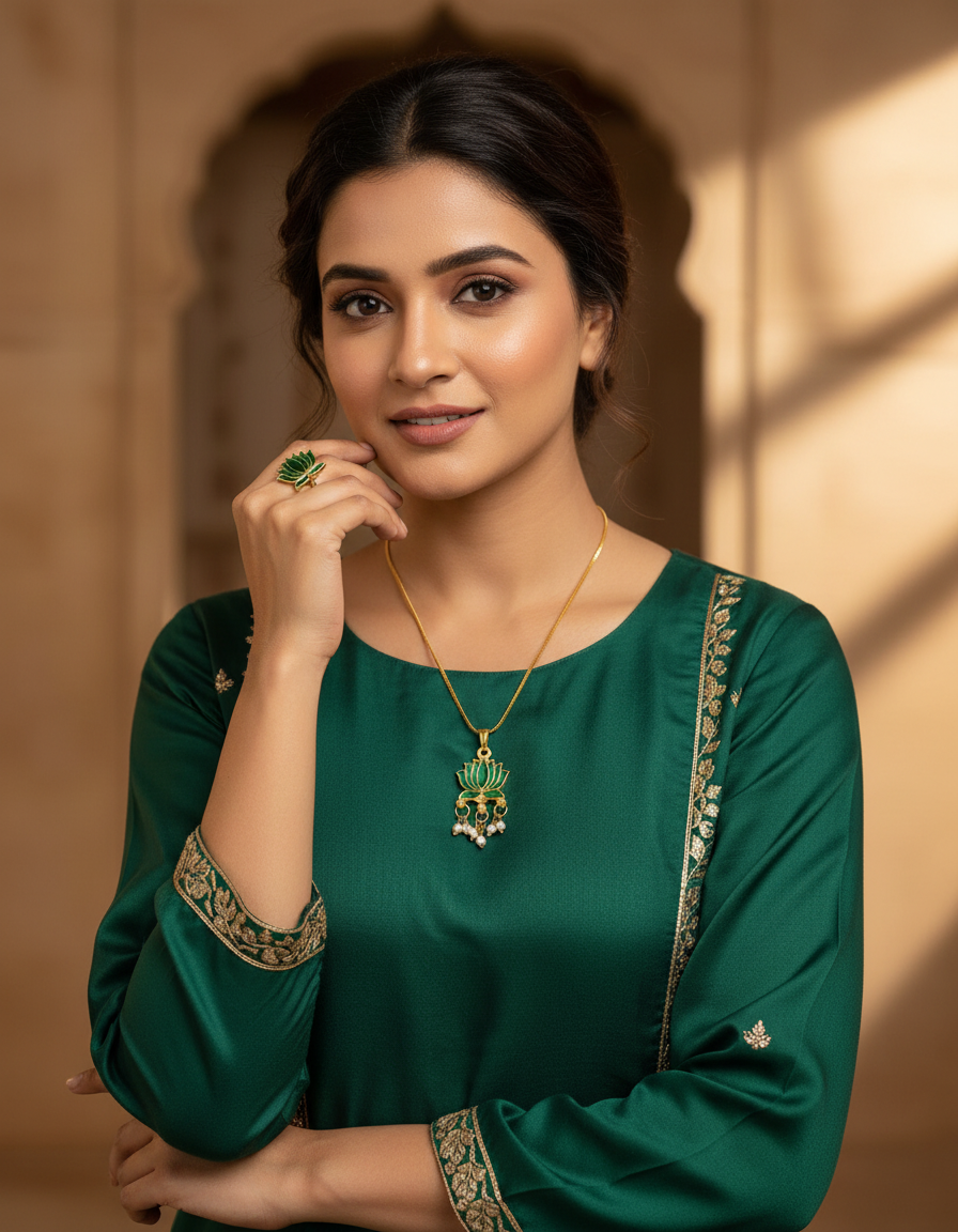 Lotus Enamel Pendant Chain with Pearl Drops & Adjustable Ring