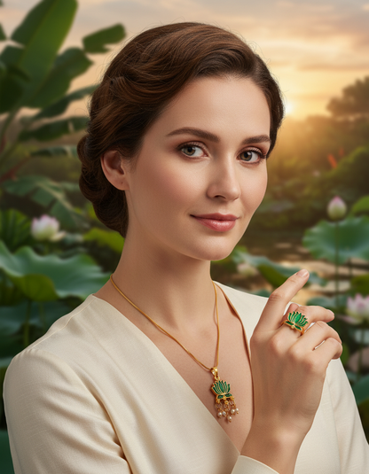 Lotus Enamel Pendant Chain with Pearl Drops & Adjustable Ring