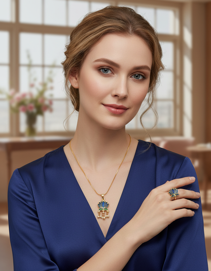 Lotus Enamel Pendant Chain with Pearl Drops & Adjustable Ring