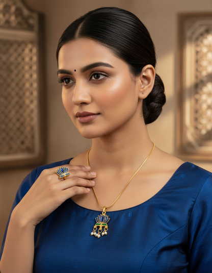 Lotus Enamel Pendant Chain with Pearl Drops & Adjustable Ring