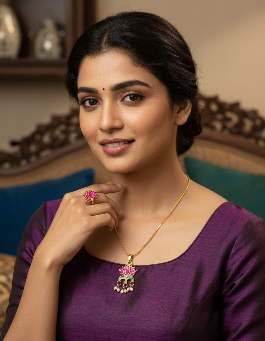 Lotus Enamel Pendant Chain with Pearl Drops & Adjustable Ring