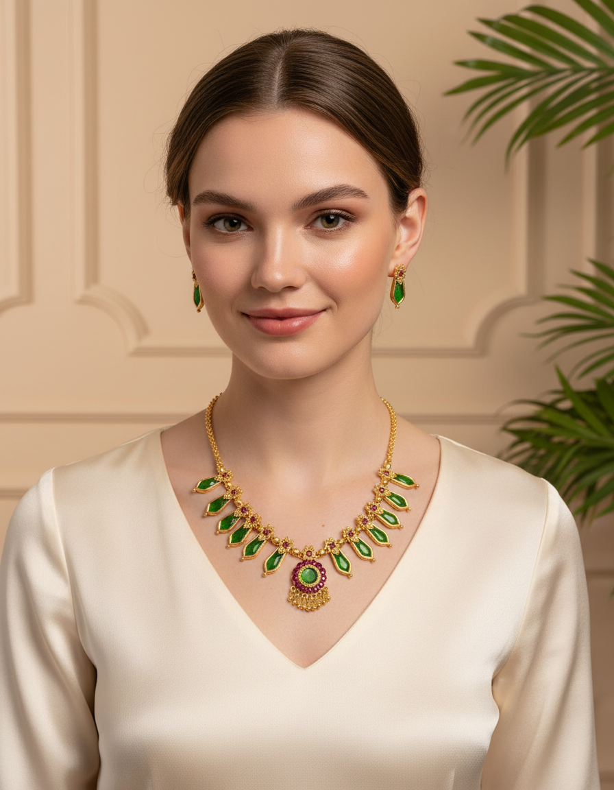 Green Leaf Motif Necklace Set
