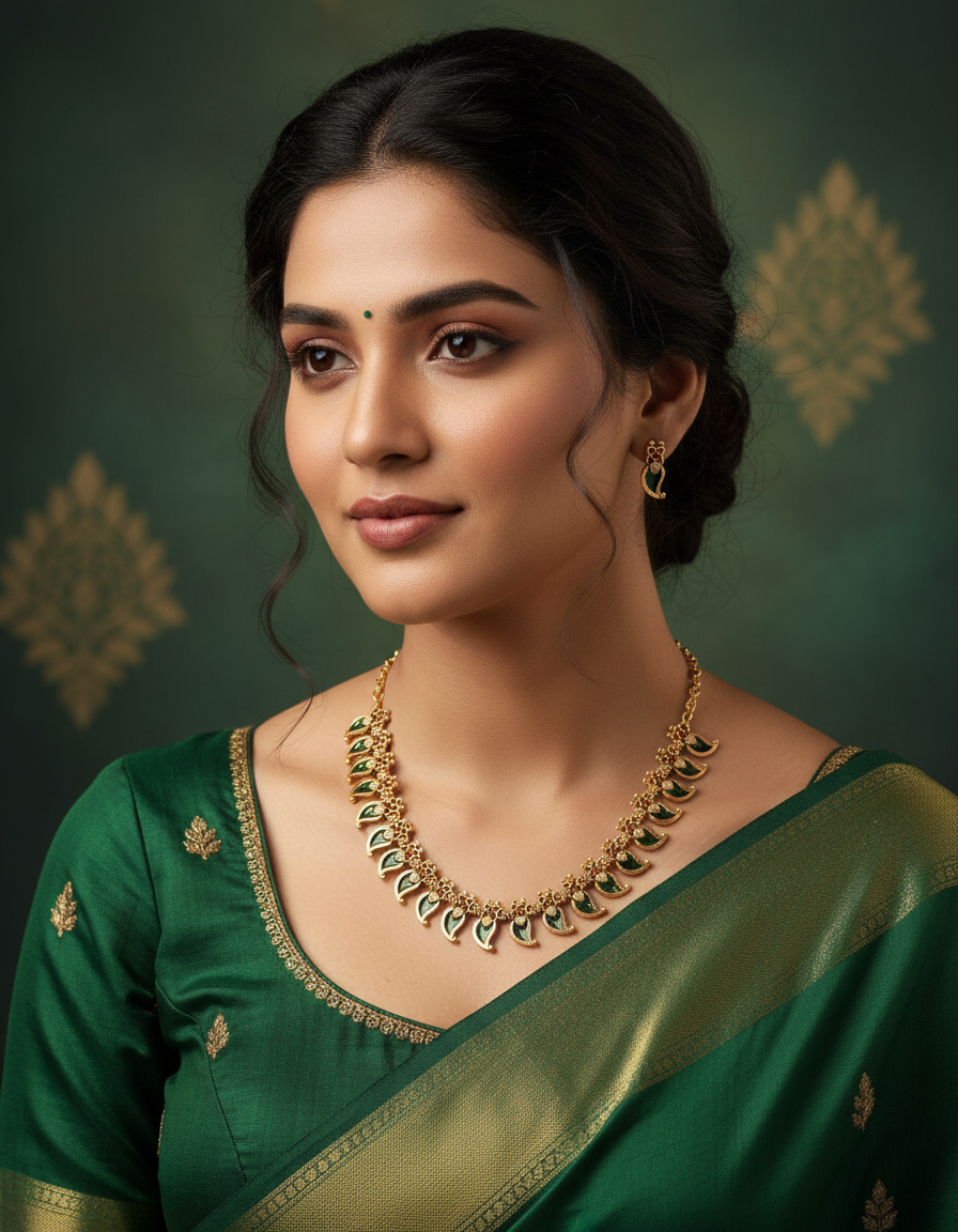 Leaf Motif Necklace Set with Earrings Green & Black