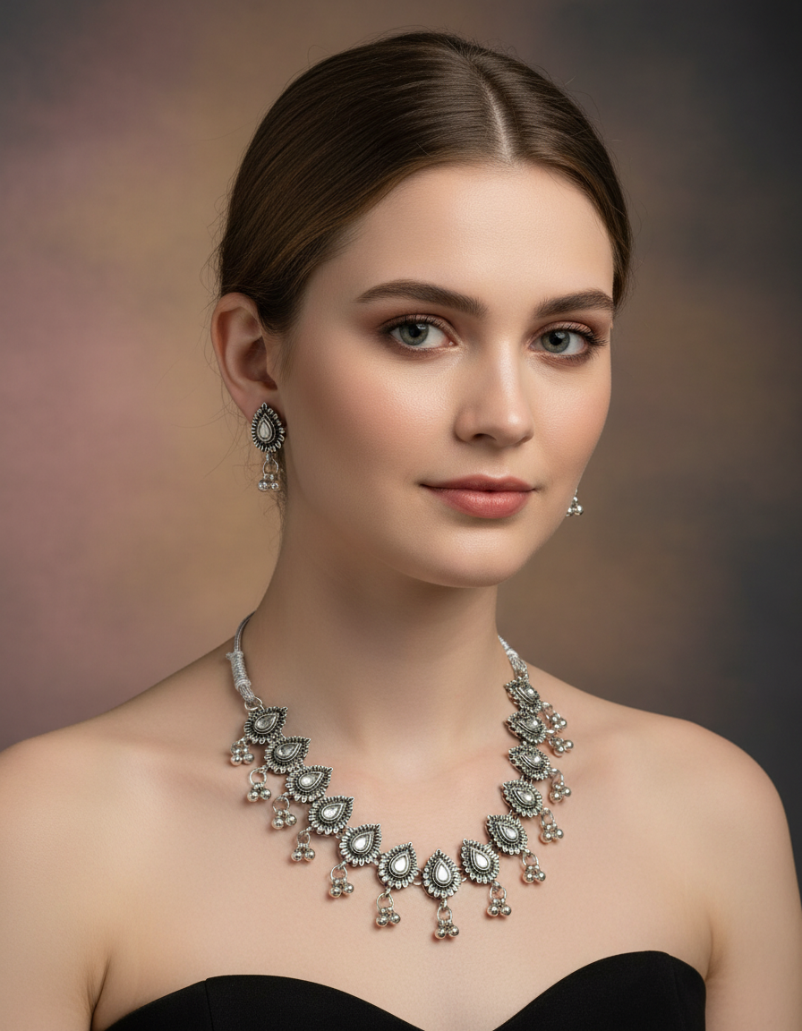 Oxidised Teardrop Statement Necklace Set with Earrings