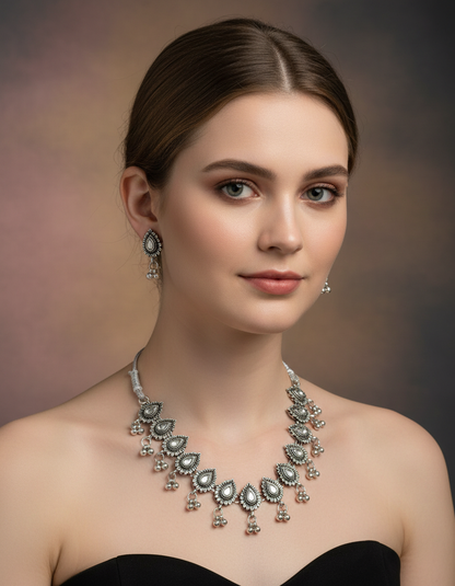 Oxidised Teardrop Statement Necklace Set with Earrings