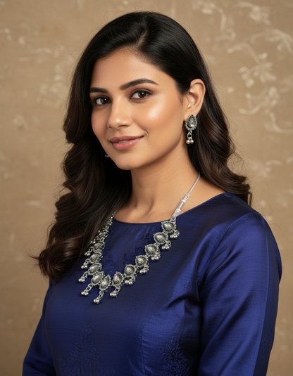 Oxidised Teardrop Statement Necklace Set with Earrings