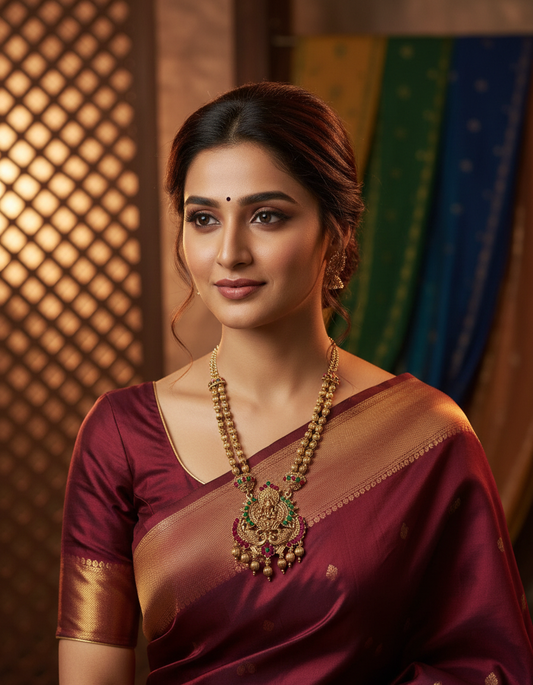 Temple Heritage Pendant Necklace–Pink & Green Stone Work