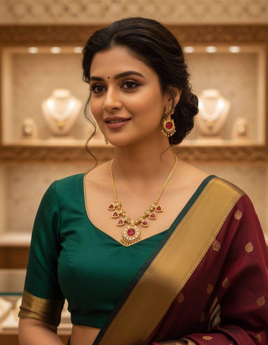 Ruby Drop Statement Necklace Set – Traditional Gold Finish