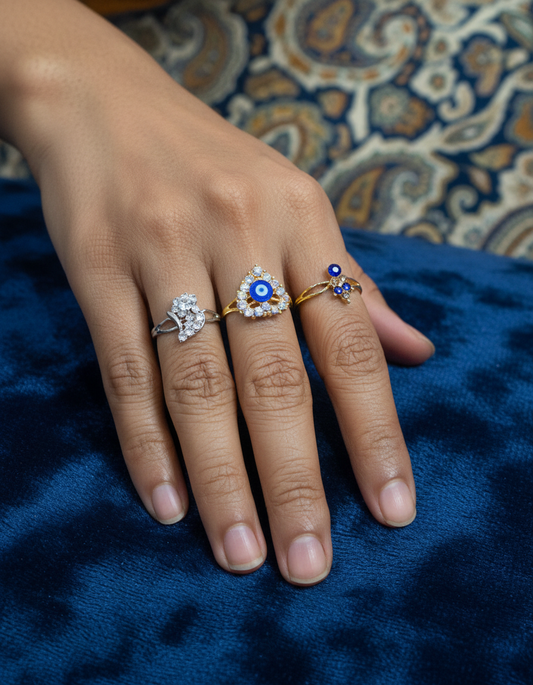 Evil Eye Charm Adjustable Ring Set (Set of 3) – Multi Colour Variants