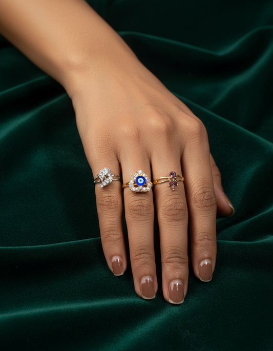Evil Eye Charm Adjustable Ring Set (Set of 3) – Multi Colour Variants