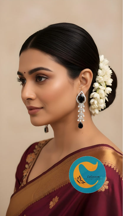 Midnight Elegance American Diamond Long Drop Earrings