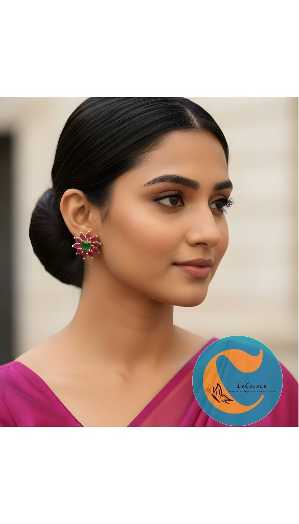 Emerald-Green & Rose Pink Floral Studs