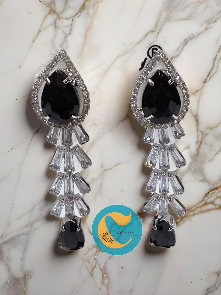Midnight Elegance American Diamond Long Drop Earrings