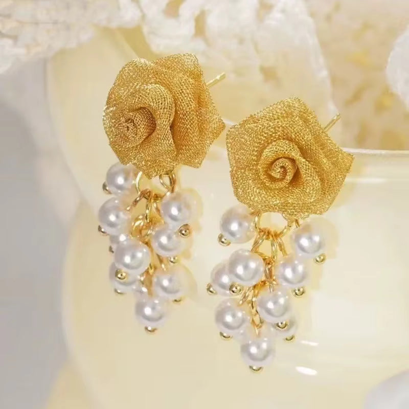 Gold Plated Hollow Metal Mesh 3D Rose Flower Hoop Earrings
