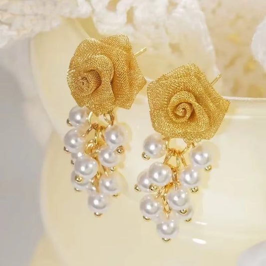 Gold Plated Hollow Metal Mesh 3D Rose Flower Hoop Earrings
