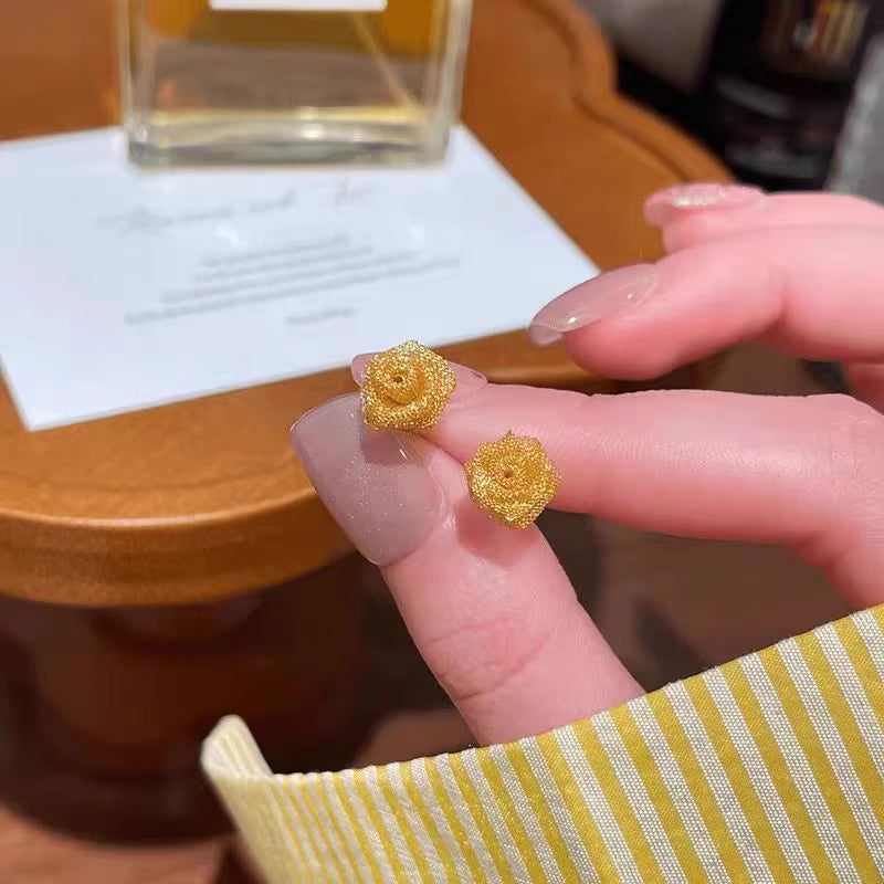 Gold Plated Hollow Metal Mesh 3D Rose Flower Hoop Earrings