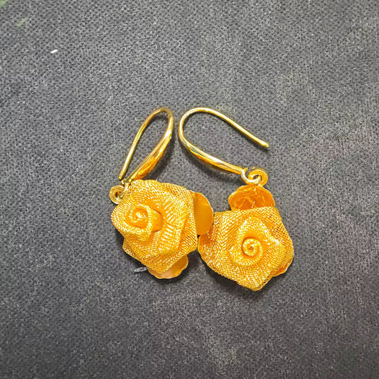 Gold Plated Hollow Metal Mesh 3D Rose Flower Hoop Earrings