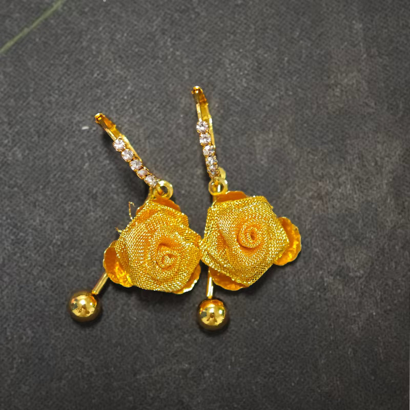 Gold Plated Hollow Metal Mesh 3D Rose Flower Hoop Earrings