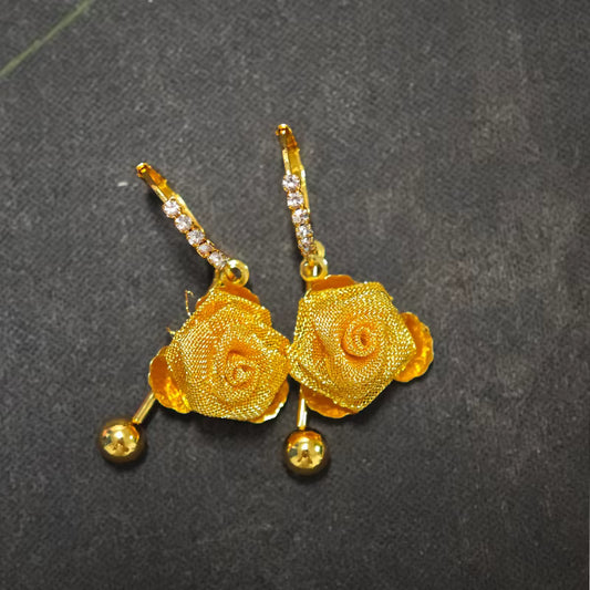 Gold Plated Hollow Metal Mesh 3D Rose Flower Hoop Earrings
