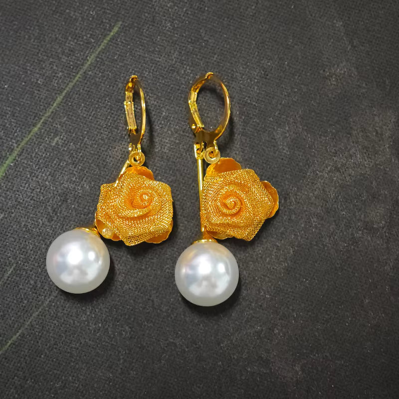 Gold Plated Hollow Metal Mesh 3D Rose Flower Hoop Earrings