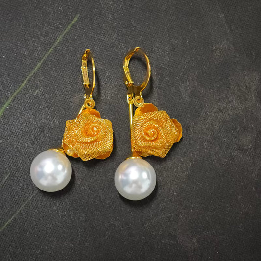 Gold Plated Hollow Metal Mesh 3D Rose Flower Hoop Earrings