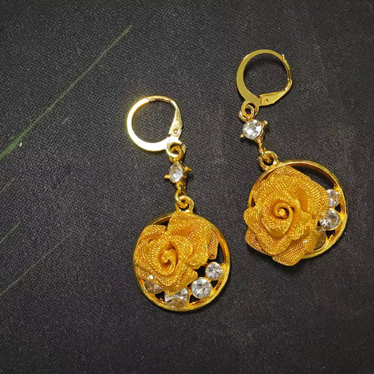 Gold Plated Hollow Metal Mesh 3D Rose Flower Hoop Earrings