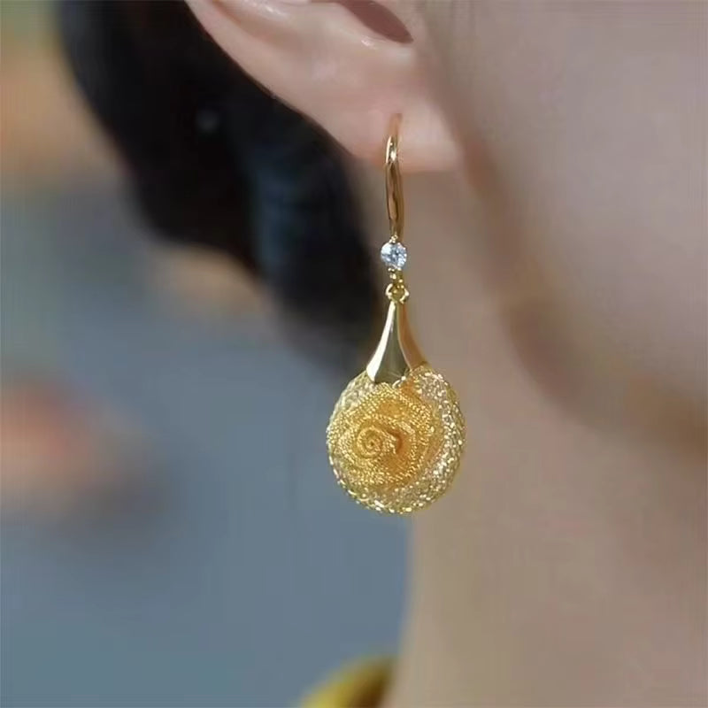 Gold Plated Hollow Metal Mesh 3D Rose Flower Hoop Earrings