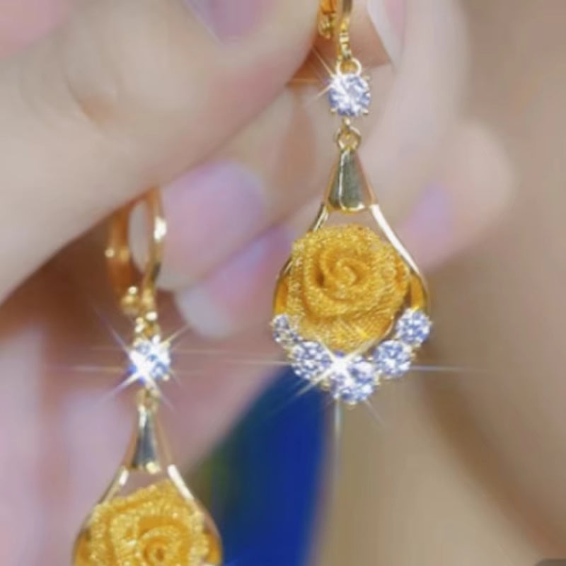 Gold Plated Hollow Metal Mesh 3D Rose Flower Hoop Earrings