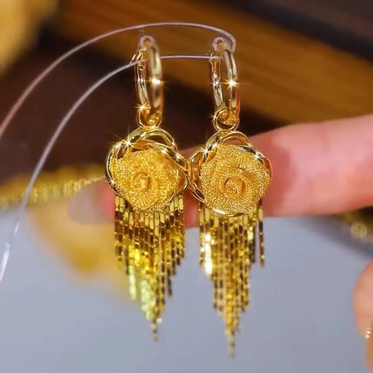 Gold Plated Hollow Metal Mesh 3D Rose Flower Hoop Earrings